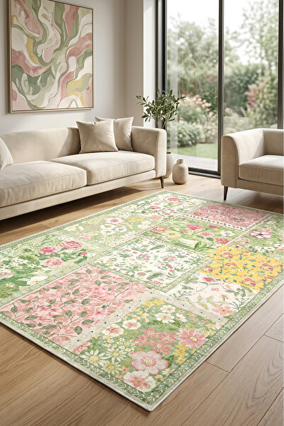 Decomia Home Dijital Kaymaz Yıkanabilir Renkli Çiçek Desenli Salon Halısı Mut...