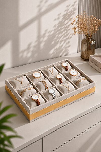 inteleven 12-Compartment Watch and Jewelry Organizer with Gold Stripes - Cream