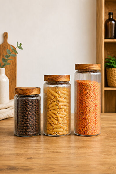 Karçiçeği Home Acacia Lid Striped Glass Jar Set 3 Pieces (1X1000 ml + 1X1500 ...