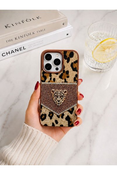 OLEA AKSESUAR iPhone 15 Pro Max Case Leopard Pattern Feathered Stone Embroidered Premium Phone Case