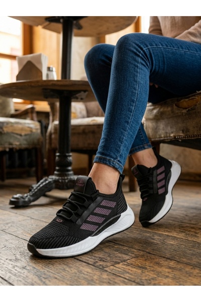 VELLINA Women's Black-Fuchsia Lace-Up Mesh Knitwear Light Sole Style Sneaker ...