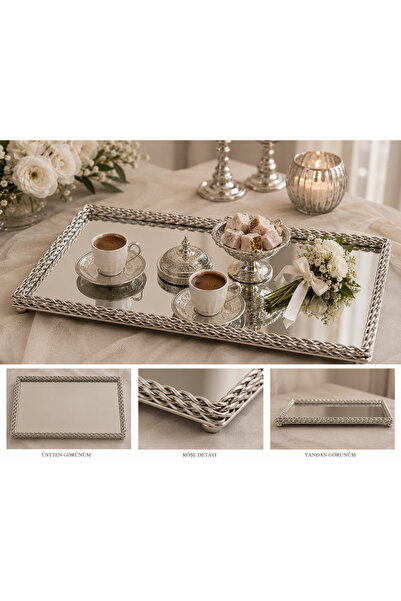 RoyalDecorHome Aynalı Metal Gümüş Burma Hasırlı Söz, Nişan Tepsi&Sunumluk