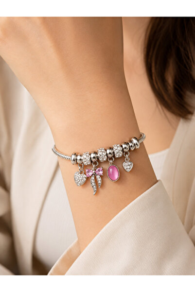 Mervişim Aksesuar Tarnish-Resistant Steel Zircon Stone Heart and Pink Bow Det...