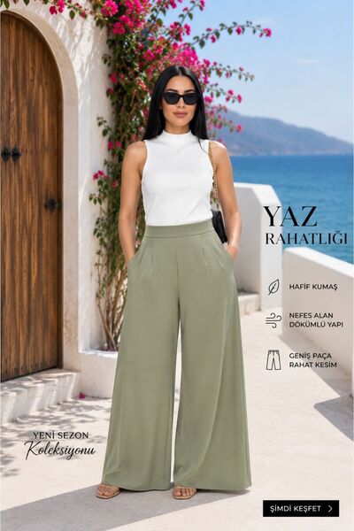 Noreva Mode Kadın Modal Kumaş Palazzo Pantolon Yüksek Bel Geniş Paça Pileli Y...