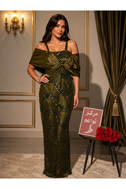 NAWAEIM Luxurious Olive Green Sequined Evening Dress with Elegant Shawl - a R...