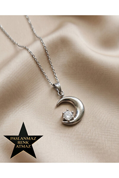 stainless steell 316L Steel Silver Stone Crescent Women's Necklace