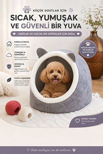 Funny Life Kedi ve Köpek Evi Kapalı Yuva Peluş Yatak Katlanabilir Evcil Hayva...