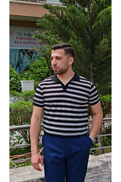 Siyah Çizgili V Yaka Tişört