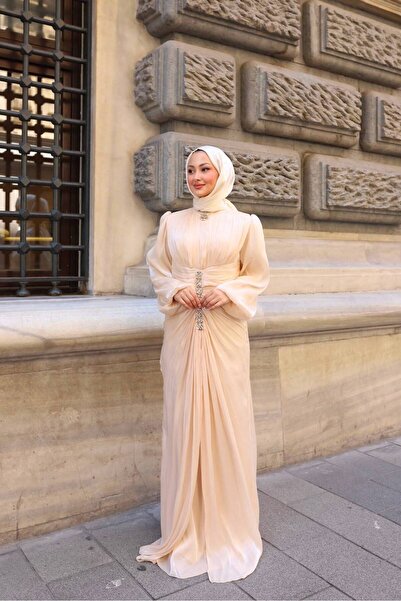 asyadabutik فستان سهرة نسائي من قماش يوريو بتفاصيل من القماش والأحجار، بأكمام...