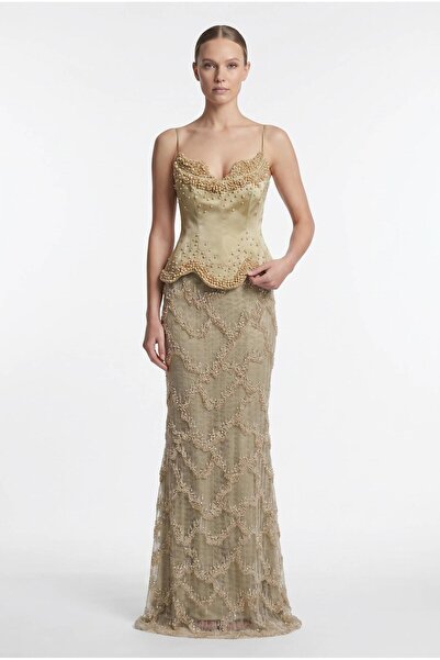 SpringStore Gold İnci İşlemeli Straplez Abiye