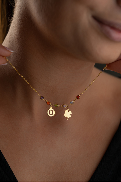 beonejewelry 325 Ayar Gümüş Kişiye Özel Mix Taşlı Harfli Yonca Kolye