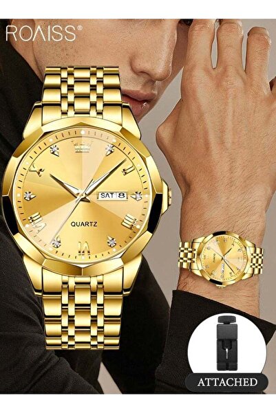 ROAISS Mens Quartz Watch Stainless Steel Strap Round Gold Dial Rhombic Coated...
