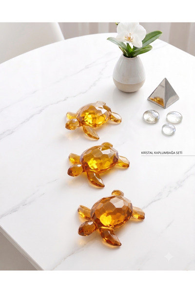 LUCES DESİGN 3'lü Lüks Kristal Kaplumbağa Set Şans ve Bereket Sembolü -Dekora...