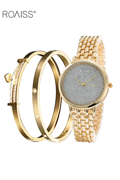 ROAISS Women's Alloy Strap Quartz Watch with Bracelets 3 Pieces Round Dial Rh...