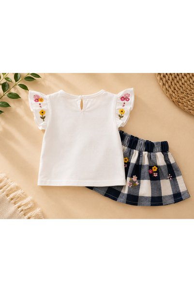 kr kids Baby Girl Floral Embroidered Plaid Skirt Set White Blouse Navy Blue Skirt Summer 2-Piece Set
