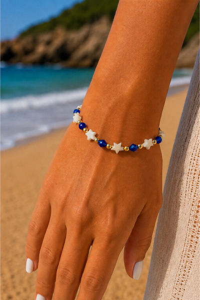 Zundesilver Metal Components and Blue Stone Row Star Model Bracelet
