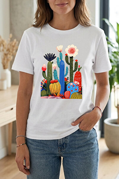 Çiçekli Kaktüs Kısa Kollu Kadın T-Shirt Eğlenceli Retro Baskı