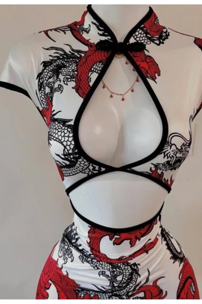 Generic Brand White Dragon Motif Window Detailed Striped Qipao Dress