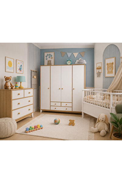 Koza %100 MDF Bonnie Ahşap Beyaz 4 Kapılı Dolap & Bonnie 4 Çekmeceli Şİfonyer...