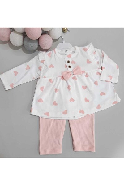 Sönmez Baby KALP DESENLİ ORTA FİYONKLU JİLE BLUZLU İKİLİ KIZ BEBE TAKIMI
