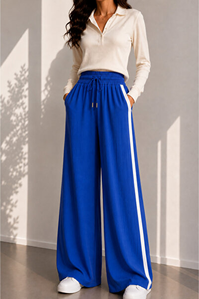 FORMO Women's Summer Crinkle Wide-Leg Loose-Fit Striped Trousers with Pockets