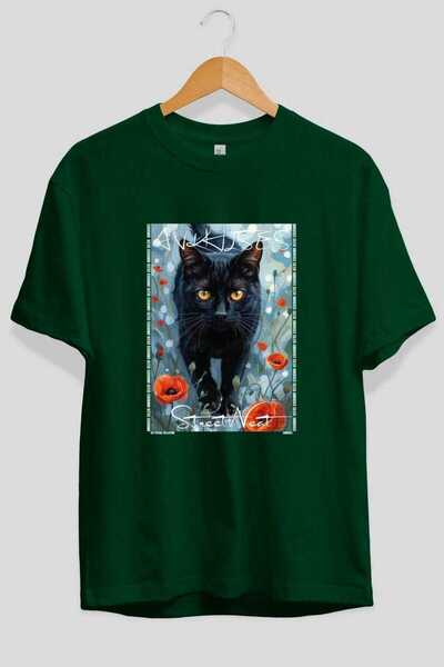 Ankhises For the Love of Cats 60 Front Cat Printed Green Oversize T-Shirt 100...