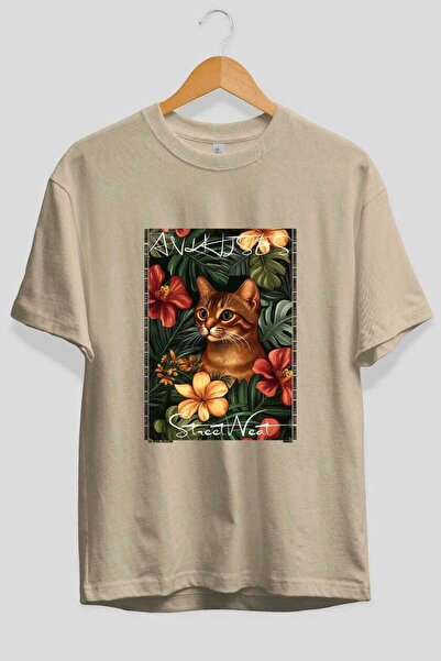 Ankhises For the Love of Cats 55 Front Cat Printed Beige Oversize T-Shirt 100...