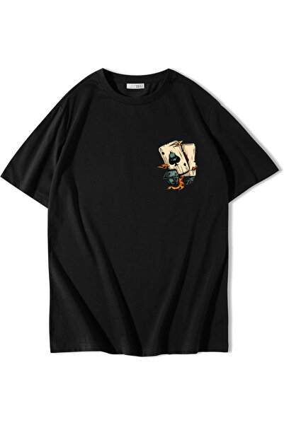 BRZ COLLECTION Tricou Unisex Oversize Minimalist cu Cărți de Poker Negru