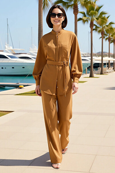 BENERLY Women's Plus Size Linen Blend Shirt and Pants Set, High Collar, Long ...