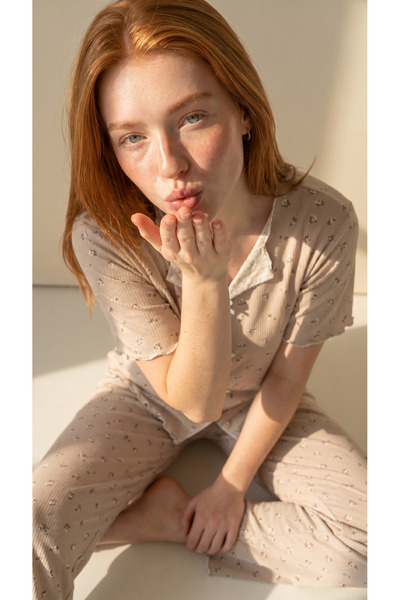 Arzey Stone Flower Patterned Viscose Pajama Set with Bow Detail