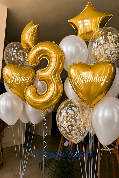 Organizasyon Pazarı Gold Number 3 Age Balloon Set Gold Heart Star Confetti | ...