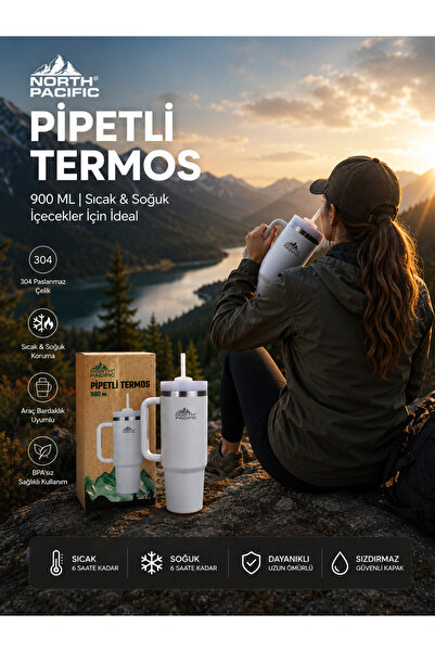 North Pasific North Pacific 900 ML Pipetli Termos Bardak Beyaz Paslanmaz Çelik Çift Katmanlı Vakumlu Seyahat Kupası
