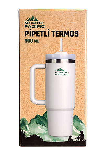 North Pasific North Pacific 900 ML Pipetli Termos Bardak Beyaz Paslanmaz Çelik Çift Katmanlı Vakumlu Seyahat Kupası