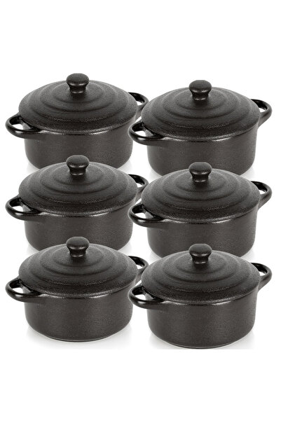 Orion Boluri de copt din porțelan negru cu capace, set de 6