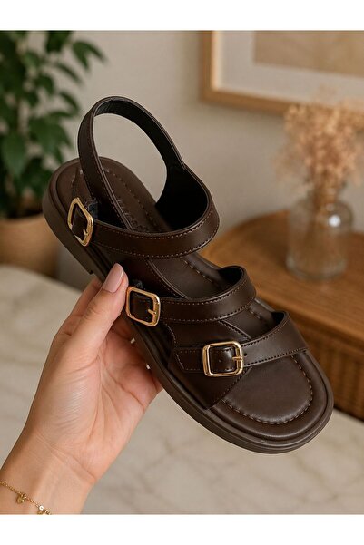 PLN SHOES Kadın Cilt Ayarlanabilir Toka Detaylı Rahat Günlük Comfort Sandalet