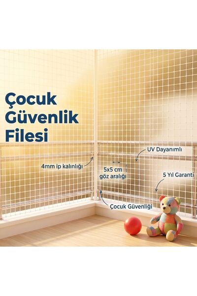 GüneyBey File Çocuk Balkon Filesi | 2 x 9 Metre | Beyaz | 4 mm İp, 5x5 cm Göz...