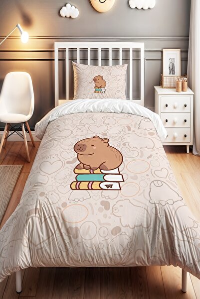 EVPANYA Kitap Üstü Capy Bara Desenli Tek Kişilik Bebek Çocuk Nevresim Seti
