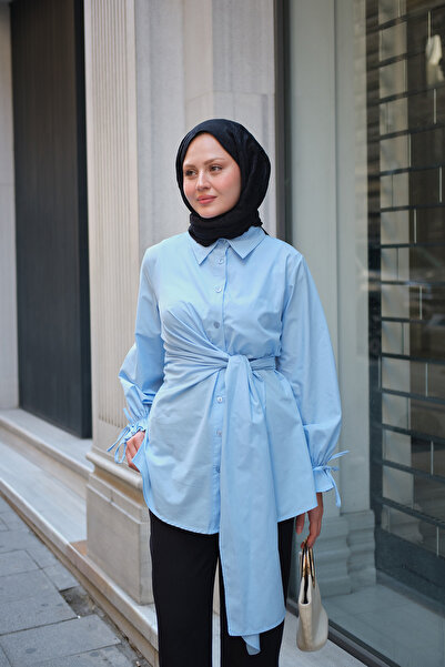 LOCCO Women's Ankle Tie Detail Side Tie Shirt Baby Blue