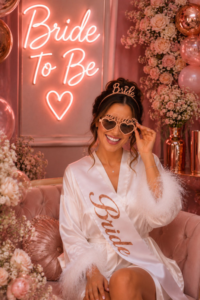 Happyland Bride to Be Rose Color Mica Crown Glasses White Sash Accessory Set,...