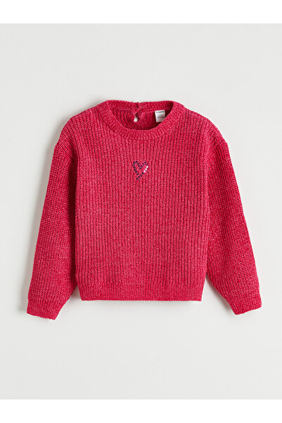 LC Waikiki Peak New Season Crew Neck Heart Embroidered Girls' Knit Sweater