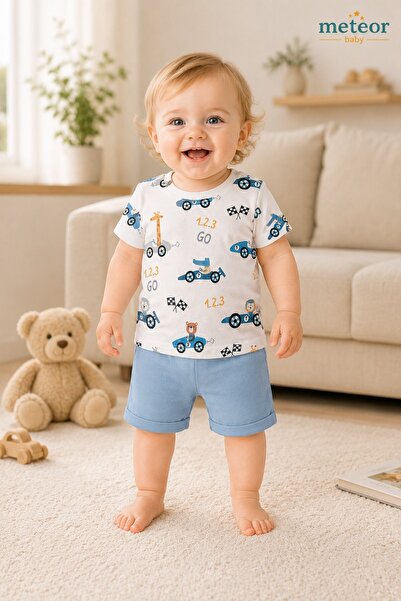 METEOR BABY Baby Boy Set Car Patterned Shorts Set Cotton 2-Piece Summer Baby Set