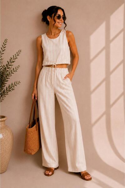 ASL WOMAN Striped Linen Look Crop Blouse and Pants Set