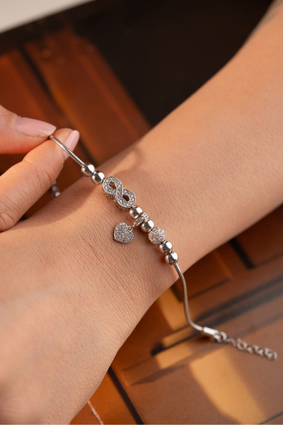 Silvano Jewelry 925 Ayar Gümüş Kalp Sallantılı Sonsuzluklu Bileklik
