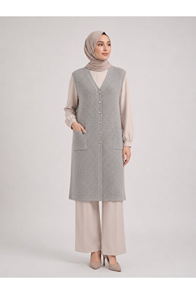 REYHAN Long Mother's Buttoned Knitted Vest with Two Pockets