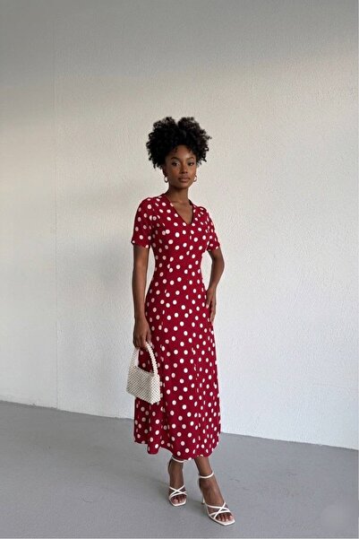 KAŞİHA V-Neck Polka Dot Wrinkled Fabric Women's Dress