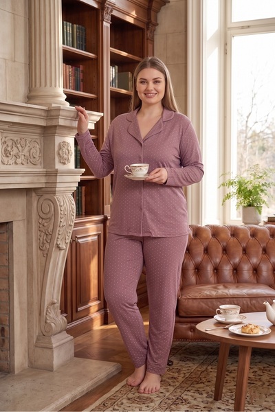 ONZ MODALOVE KADIN BÜYÜK BEDEN VISKON PIJAMA TAKIMI UZUN KOLLU DESENLI RAHAT ...