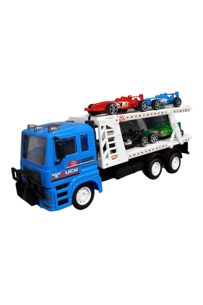 OEM Camion de jucarie cu platforma si 4 masini de curse, Albastru, 32x8x13 cm