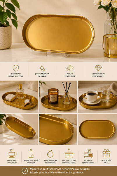 Roccos Modern Design Oval Metal Tray Gold Color Coffee Presentation Decoratio...