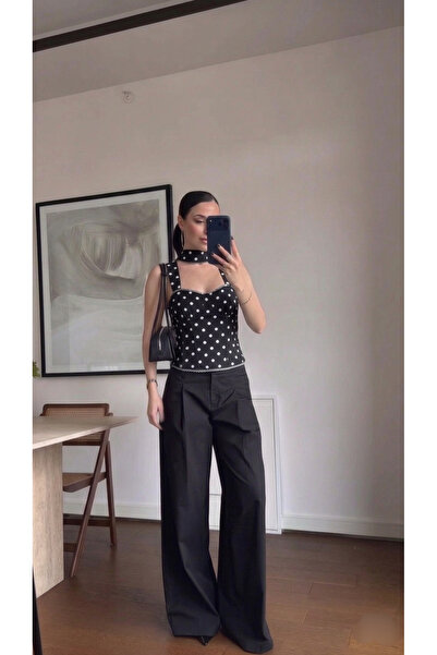 Lovely butik Γυναικεία μπλούζα κορσέ με φουλάρι πουά Premium