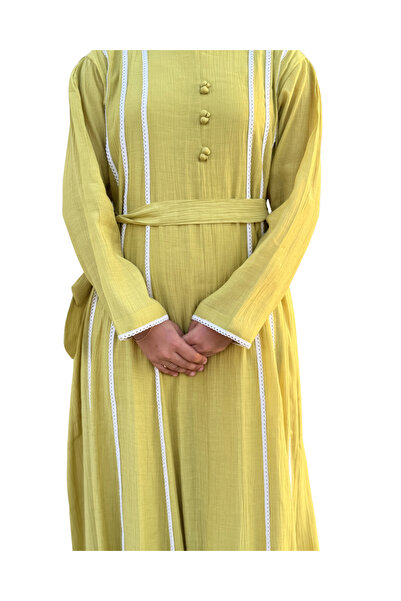 Haya Lamsa Al Olive Yellow Modest Maxi Dress White Lace Trim Bell Sleeve Belt...